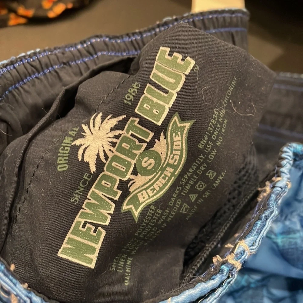 Tropical blue men’s swim trunks small drawstring waist